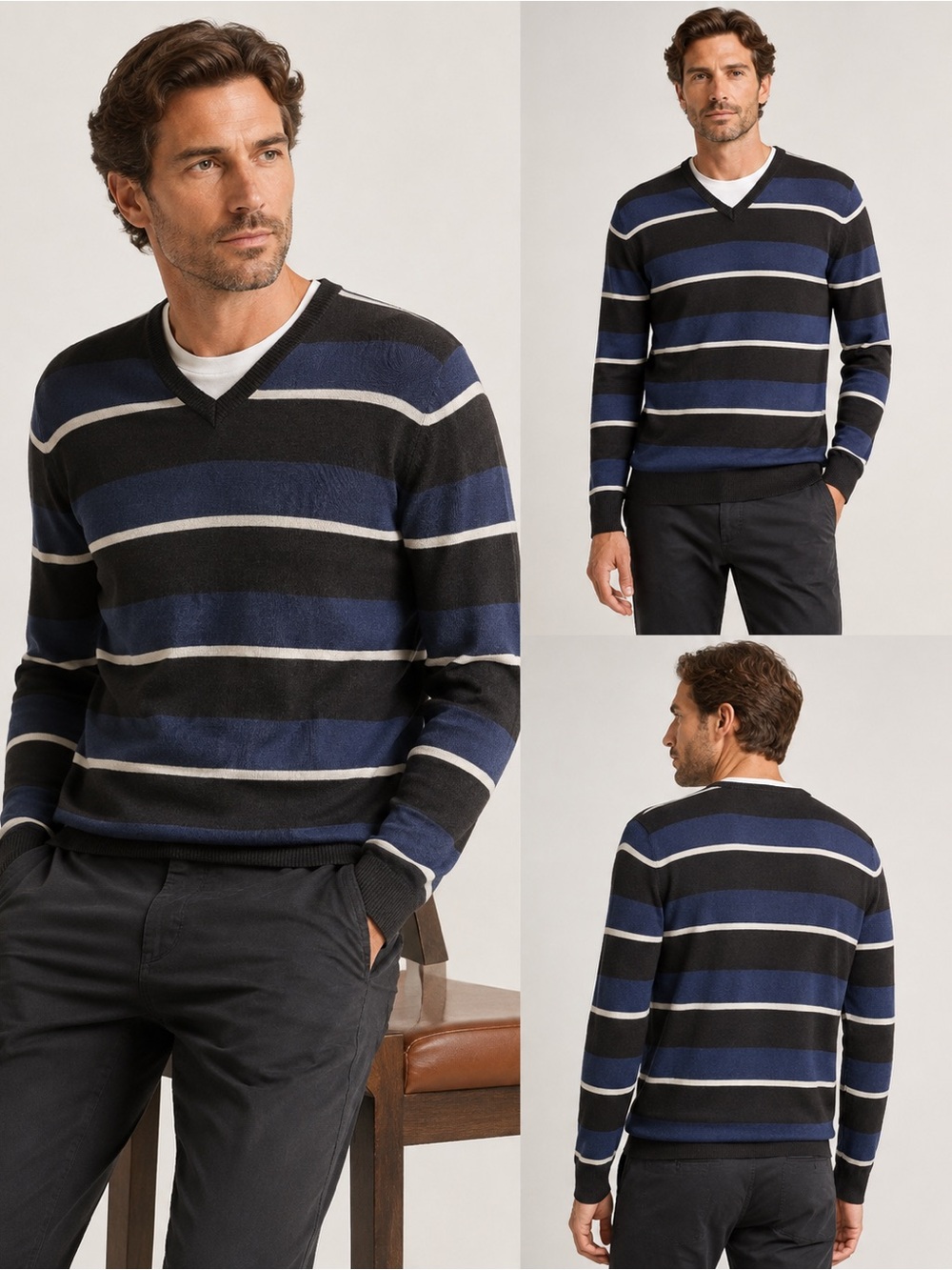 Banana Republic Men’s L 100% Merino Wool Striped V-Neck Sweater Blue Brown